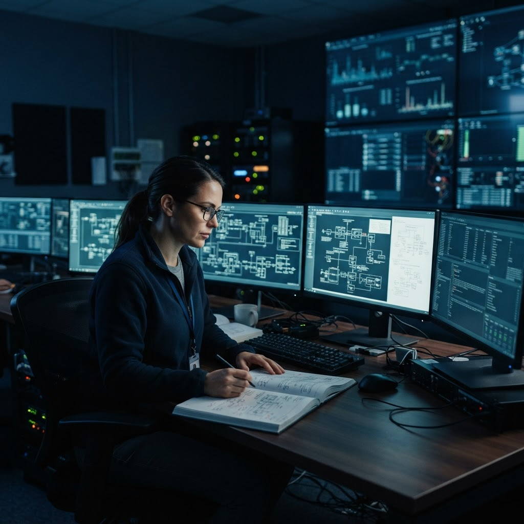 Video systems engineer reviewing network diagrams across multiple monitors in a dark control room