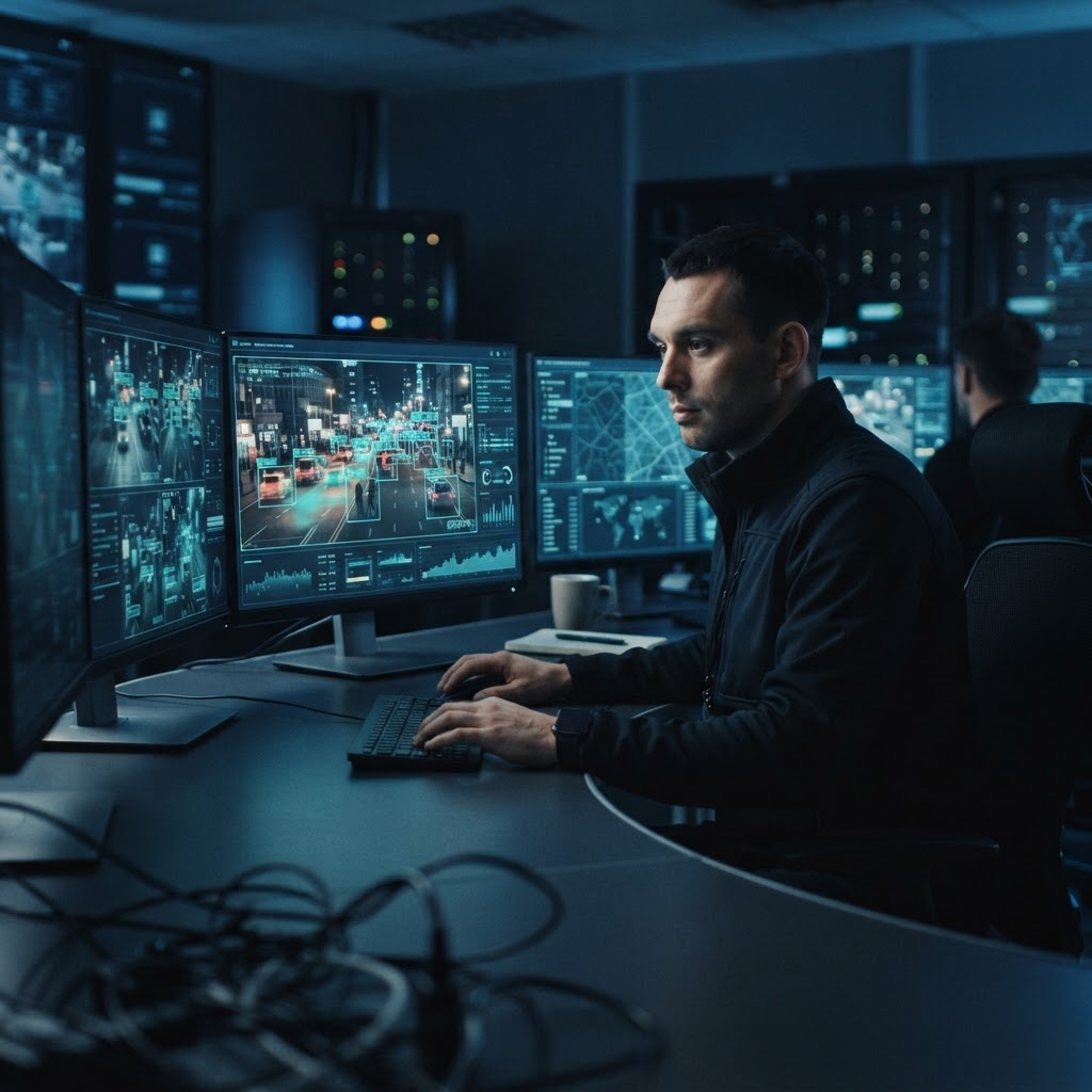 Analyst reviewing video analytics detection overlays across multiple monitors