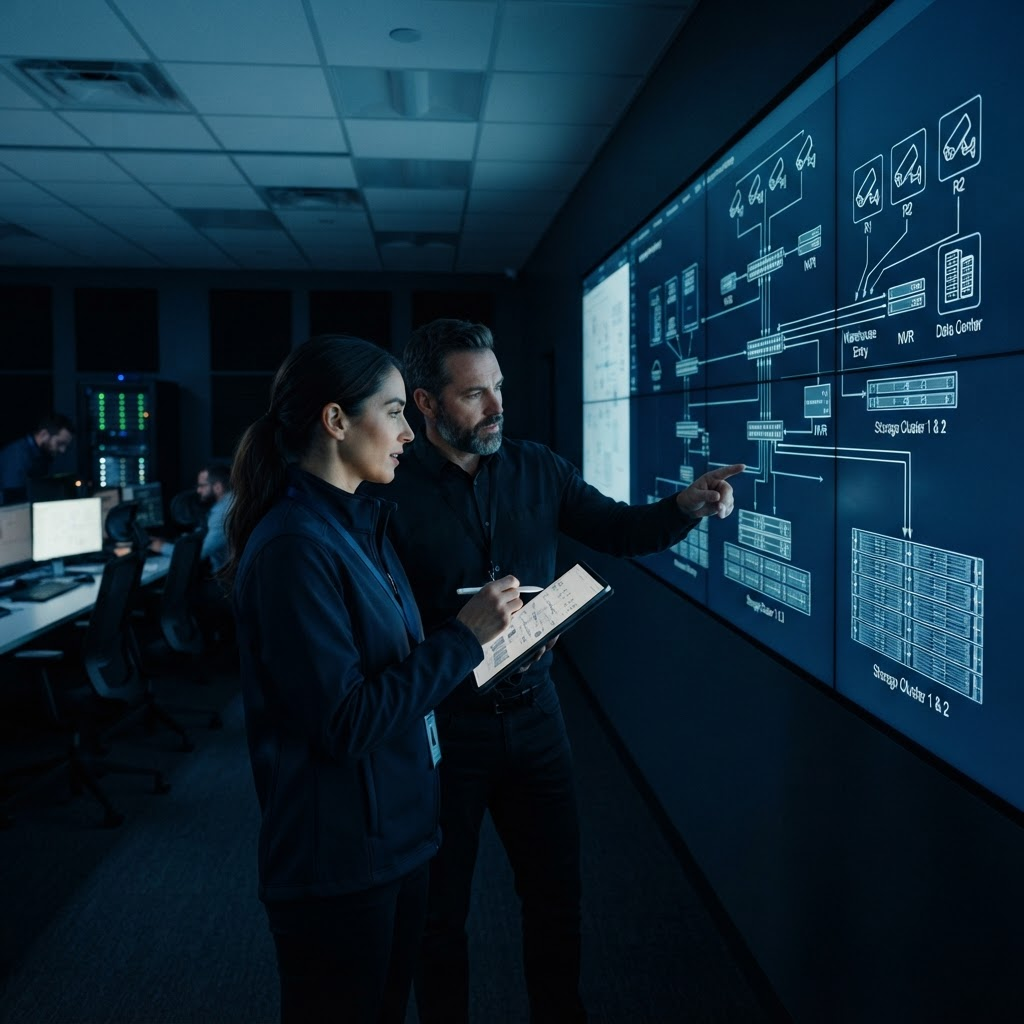 Two engineers reviewing a professional video surveillance system architecture diagram on a wall display