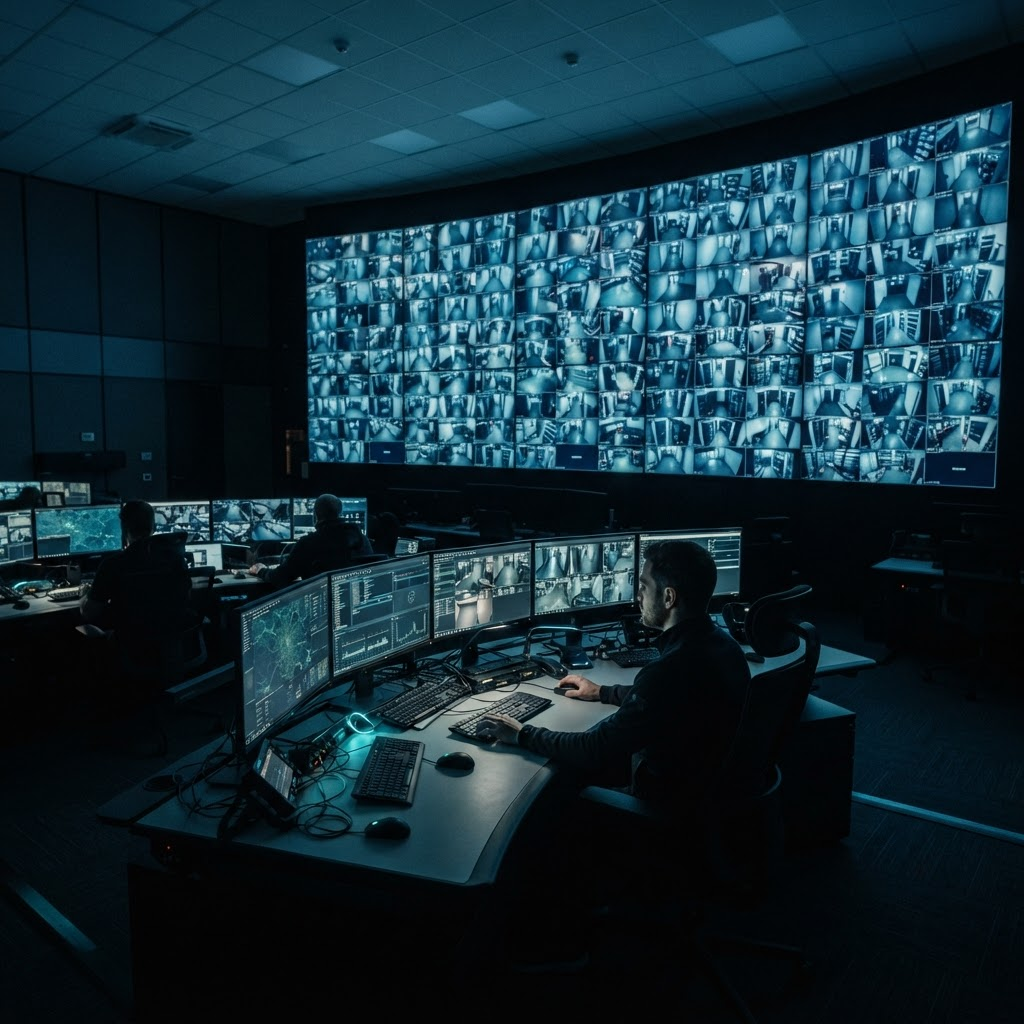 A large control room video wall showing a grid of live surveillance feeds with operator workstations in the foreground