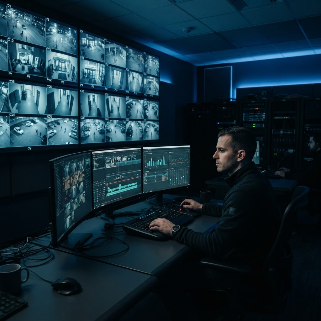 Video management system control room with technicians reviewing camera feeds and recording timelines