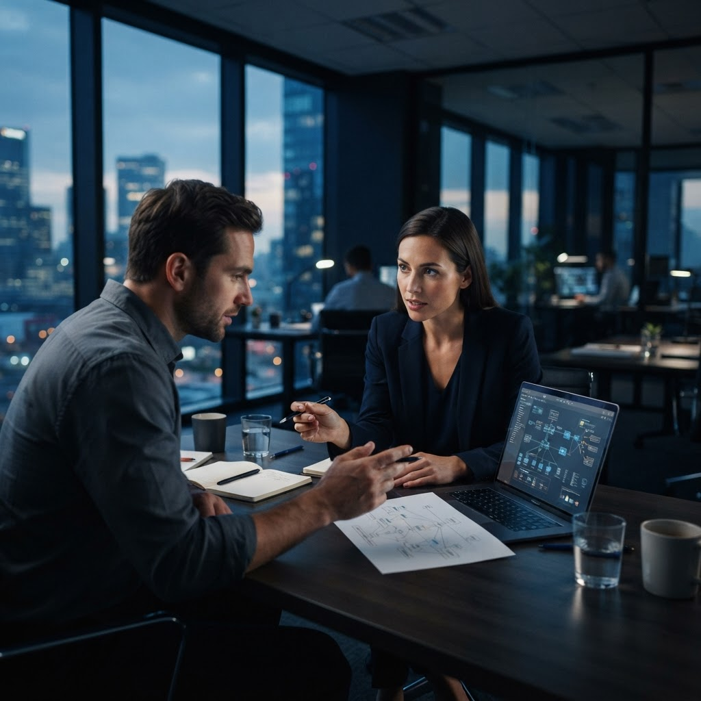 Enterprise technology consultants collaborating in a modern office
